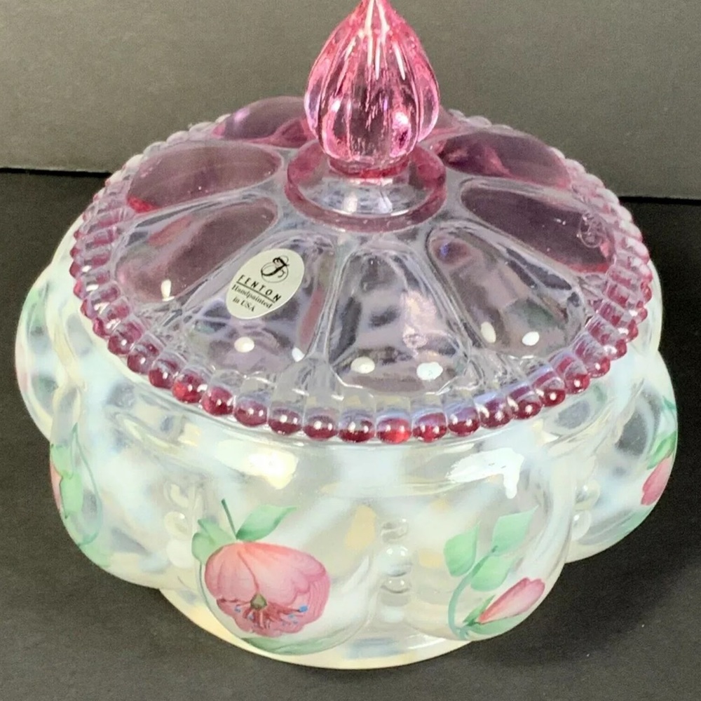 Fenton Opalescent Bowl Lid Meadow Beauty Pink Hand Painted Trellis #M1